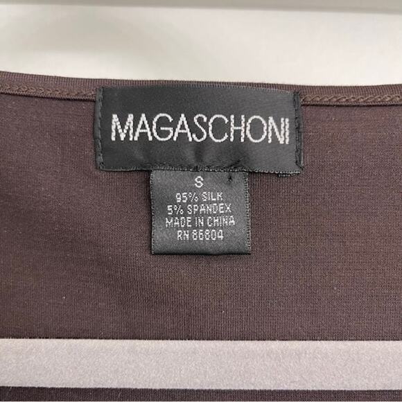 Magaschoni Square Neck Silk 3/4 Sleeve Blouse Brown Casual Minimalist Basic Sz S - Picture 4 of 5